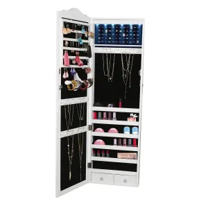 Mind Reader HMLED14-WHT Hanging Cabinet, 14 LED Lights, Wall Mounted Jewelry Armoire Organizer with Mirror 2 Drawers, Necklaces, Rings, Earrings, Bracelets, White