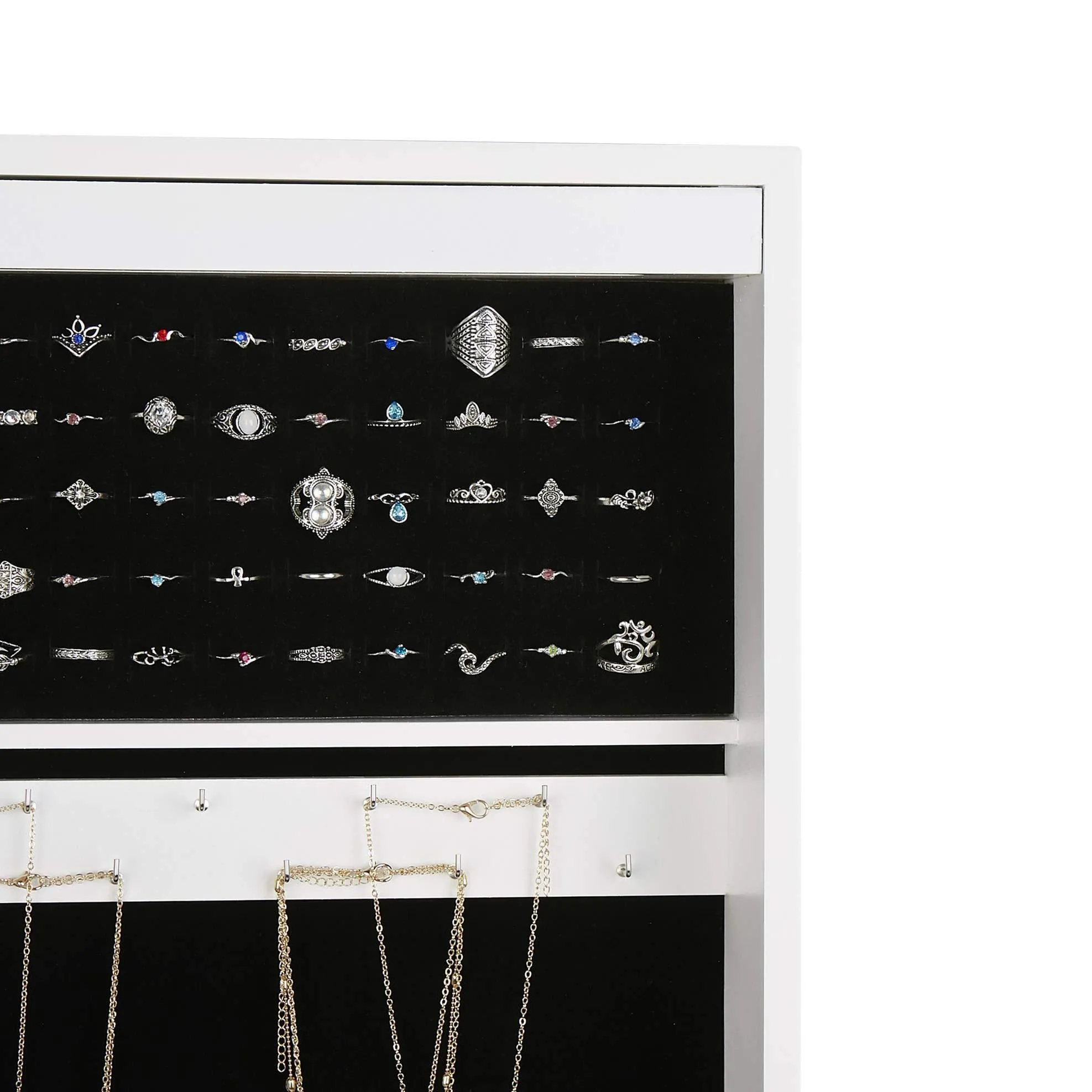 Mind Reader HMLED14-WHT Hanging Cabinet, 14 LED Lights, Wall Mounted Jewelry Armoire Organizer with Mirror 2 Drawers, Necklaces, Rings, Earrings, Bracelets, White