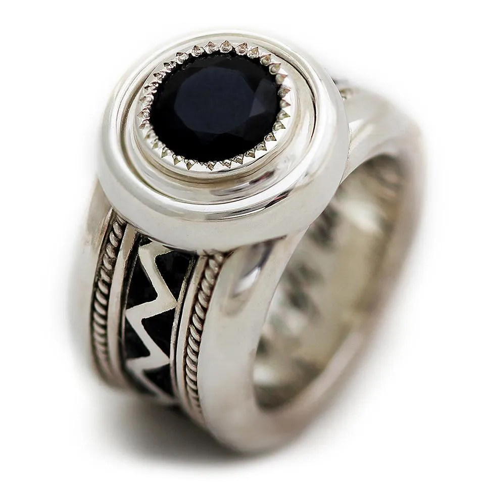 Misti- mens wide wedding bands, black stone