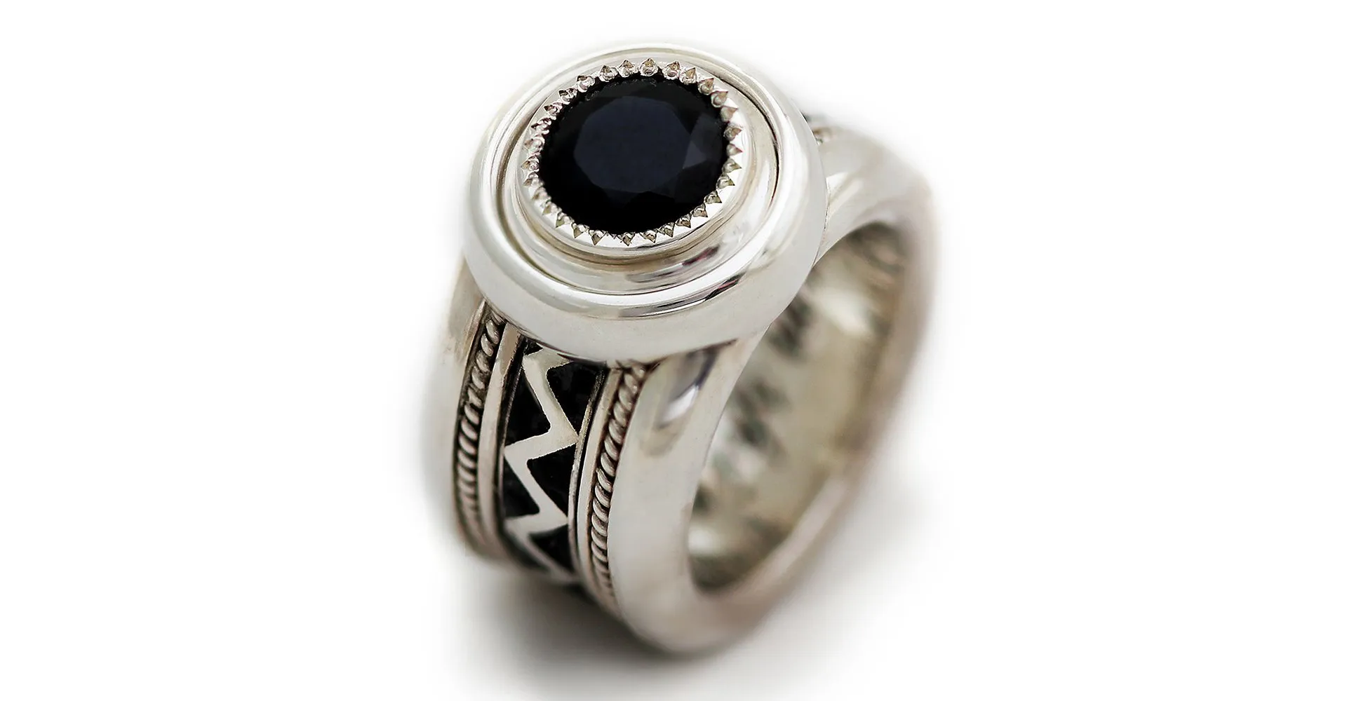 Misti- mens wide wedding bands, black stone