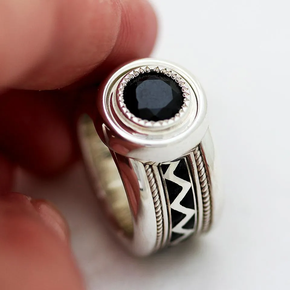 Misti- mens wide wedding bands, black stone