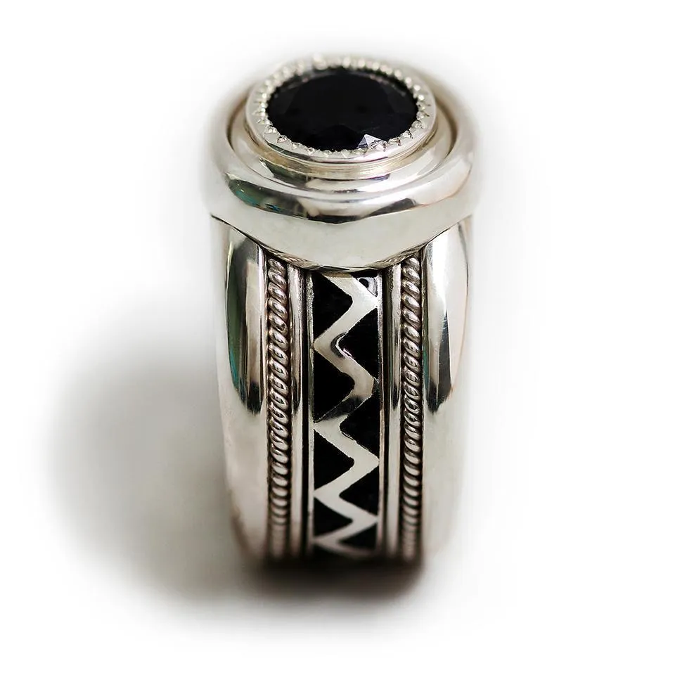 Misti- mens wide wedding bands, black stone