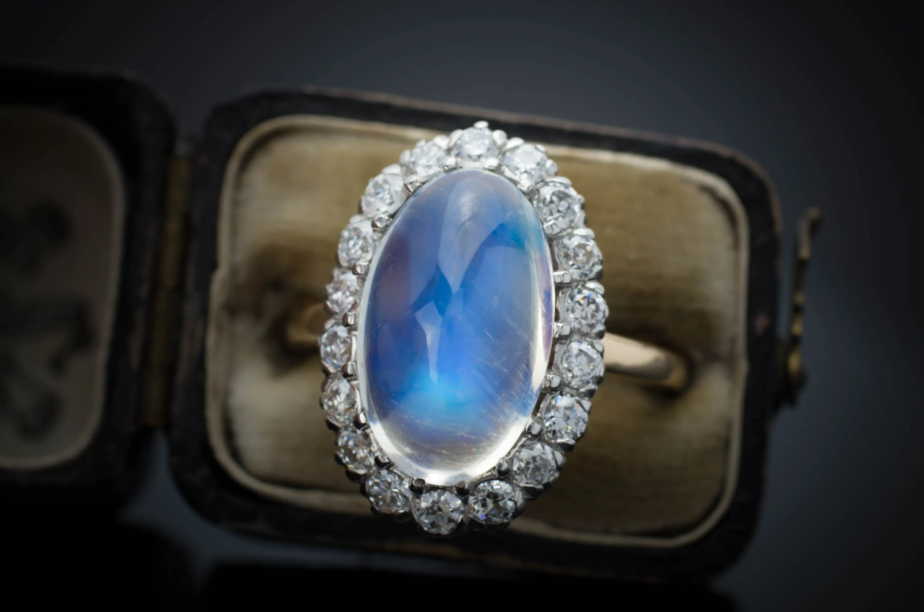 MOONSTONE AND DIAMOND HALO RING
