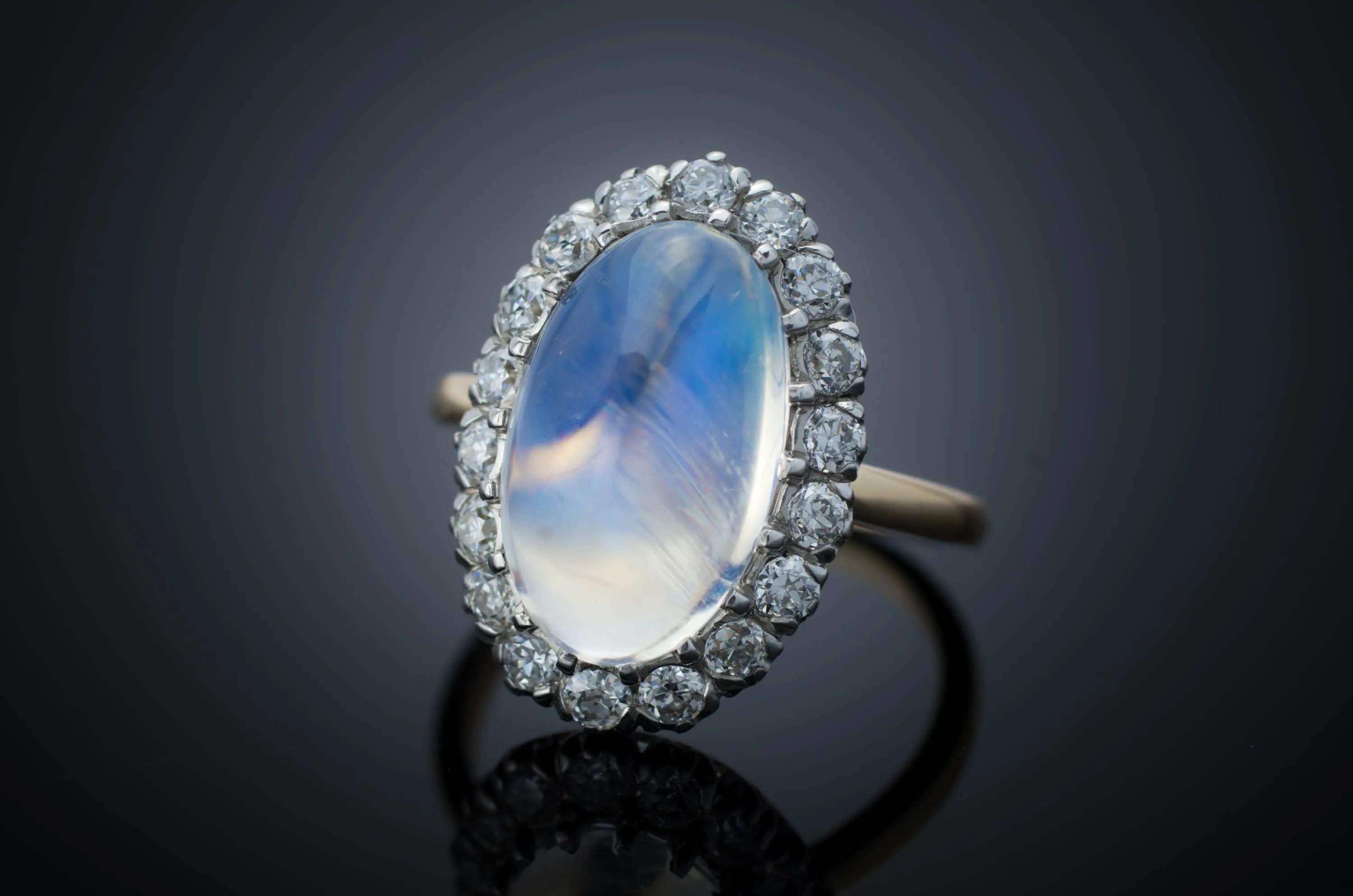 MOONSTONE AND DIAMOND HALO RING