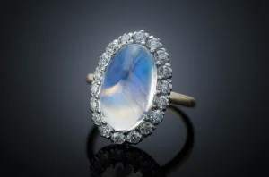 MOONSTONE AND DIAMOND HALO RING