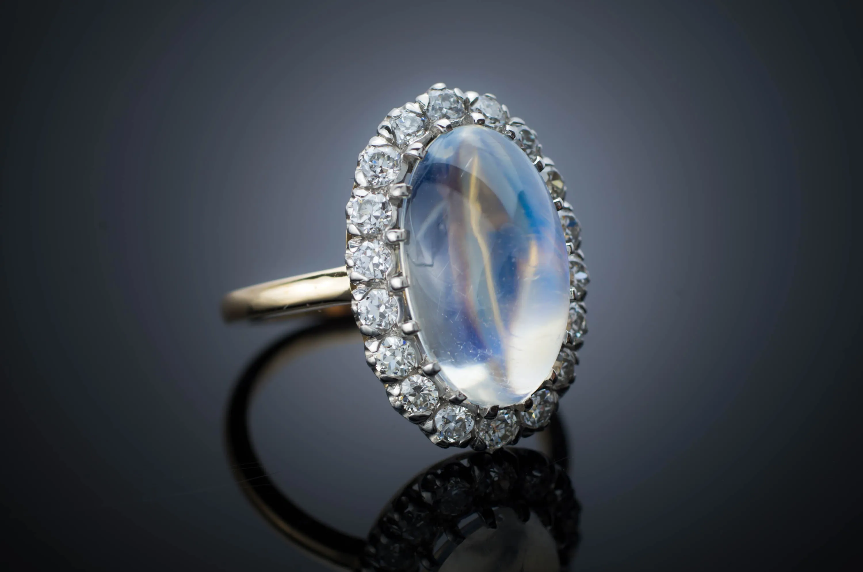 MOONSTONE AND DIAMOND HALO RING