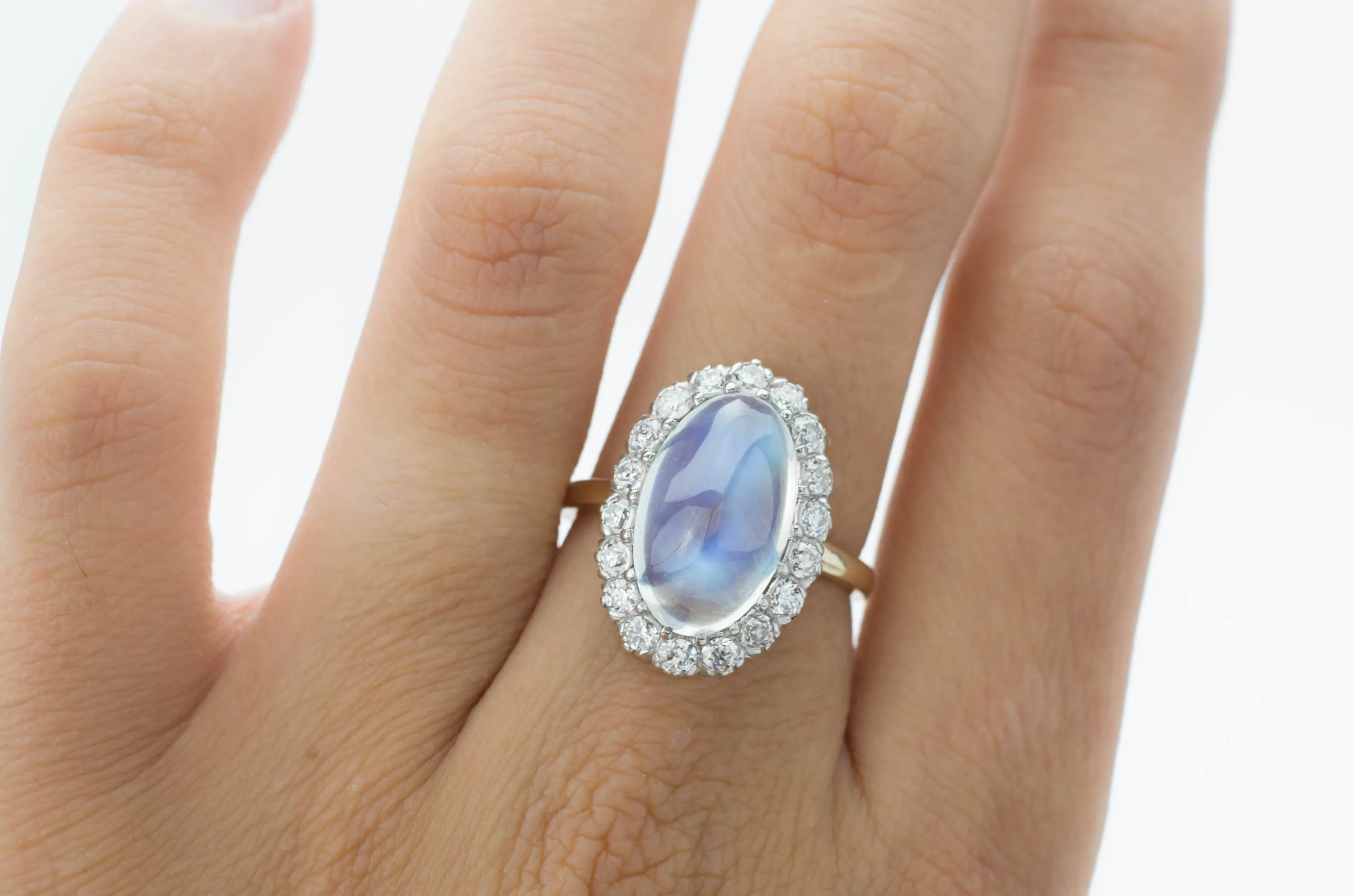 MOONSTONE AND DIAMOND HALO RING