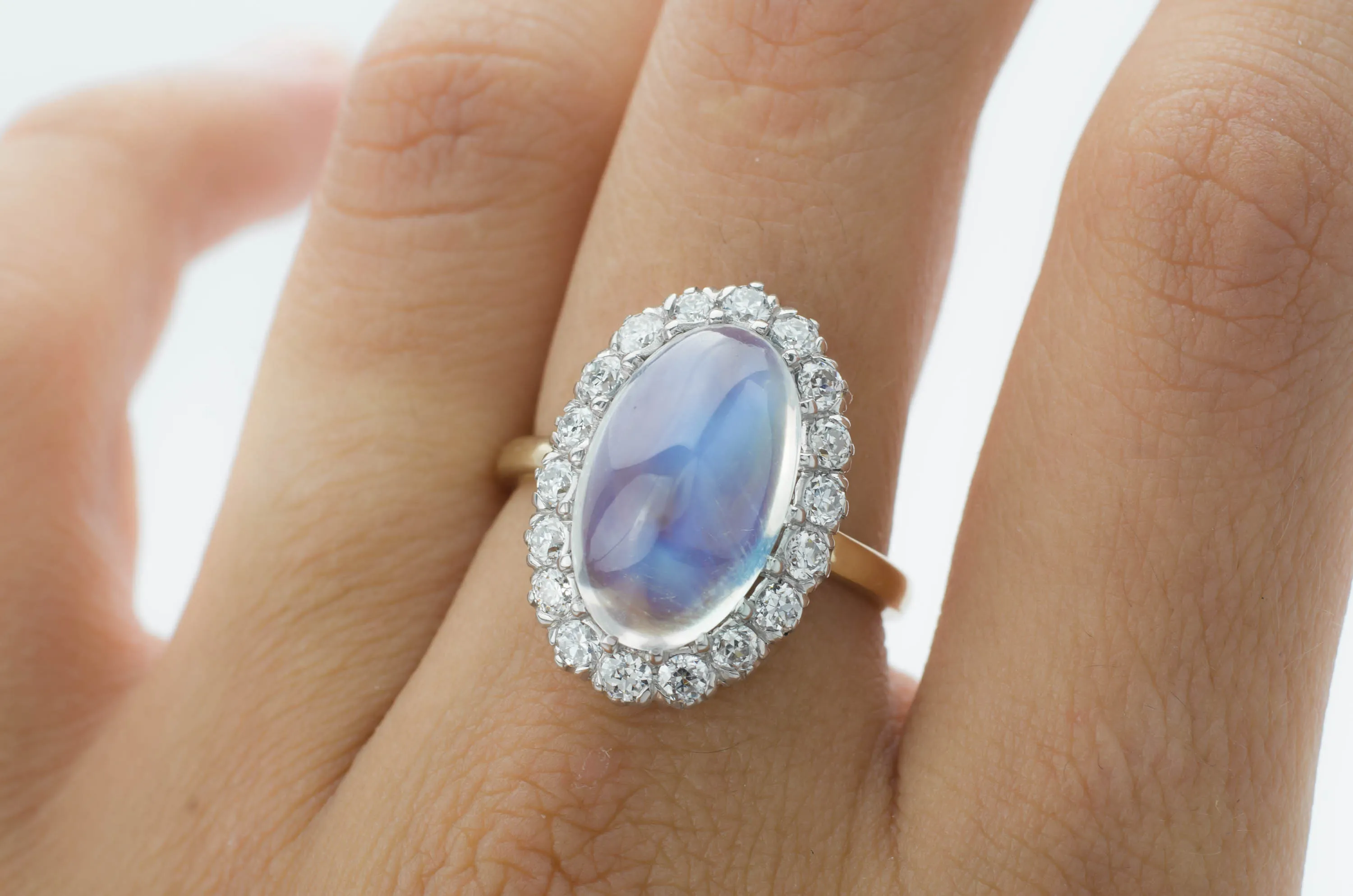 MOONSTONE AND DIAMOND HALO RING