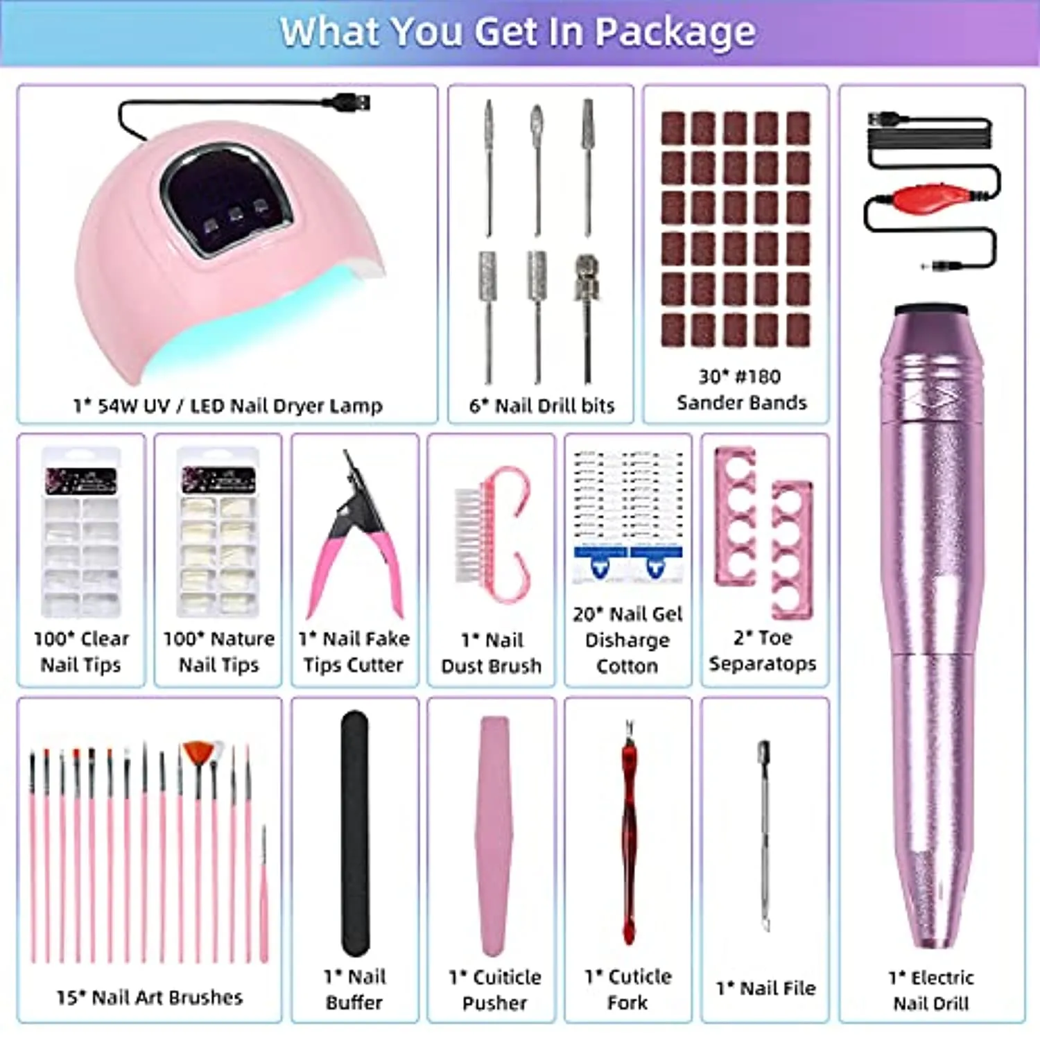 Nail Kit with Electric Nail Drill UV LED Nail Lamp, 54W UV Nail Dryer Light Manicure Pen Polishing Tools, False Nail Tips Nail Files Starter Set Acrylic Nail Art Supplies for Beginner with Everything