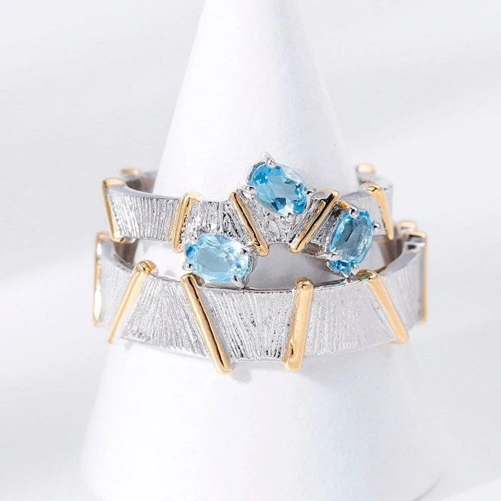 Natural Swiss Blue Topaz Cross Adjustable Couple Rings