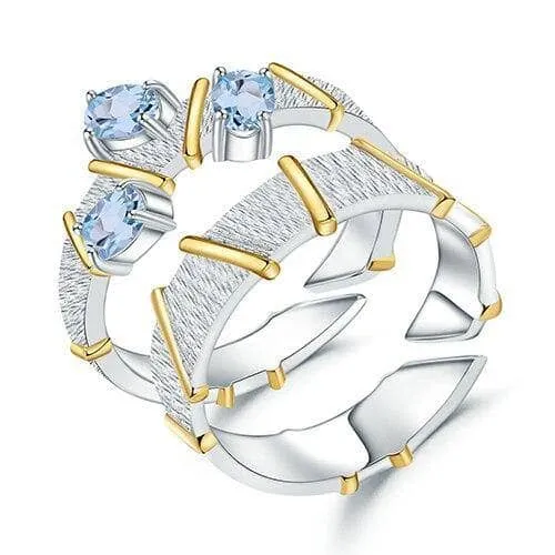 Natural Swiss Blue Topaz Cross Adjustable Couple Rings