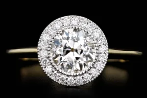 New 18K Yellow Gold & Platinum .99 Carat Old European Cut Diamond Halo Engagement Ring GIA Certified