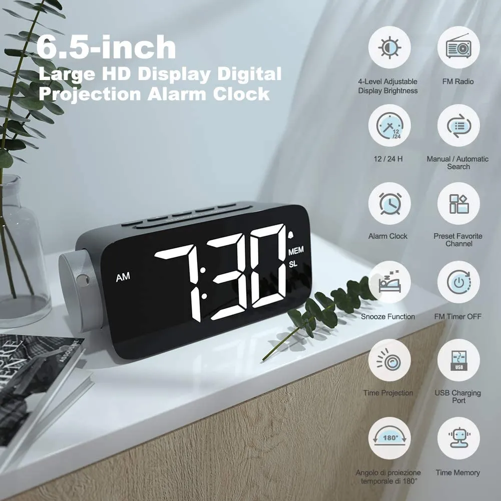 New in box! Awesome Projection Alarm Clock with large 6.5 Inch LED Screen & FM Radio!