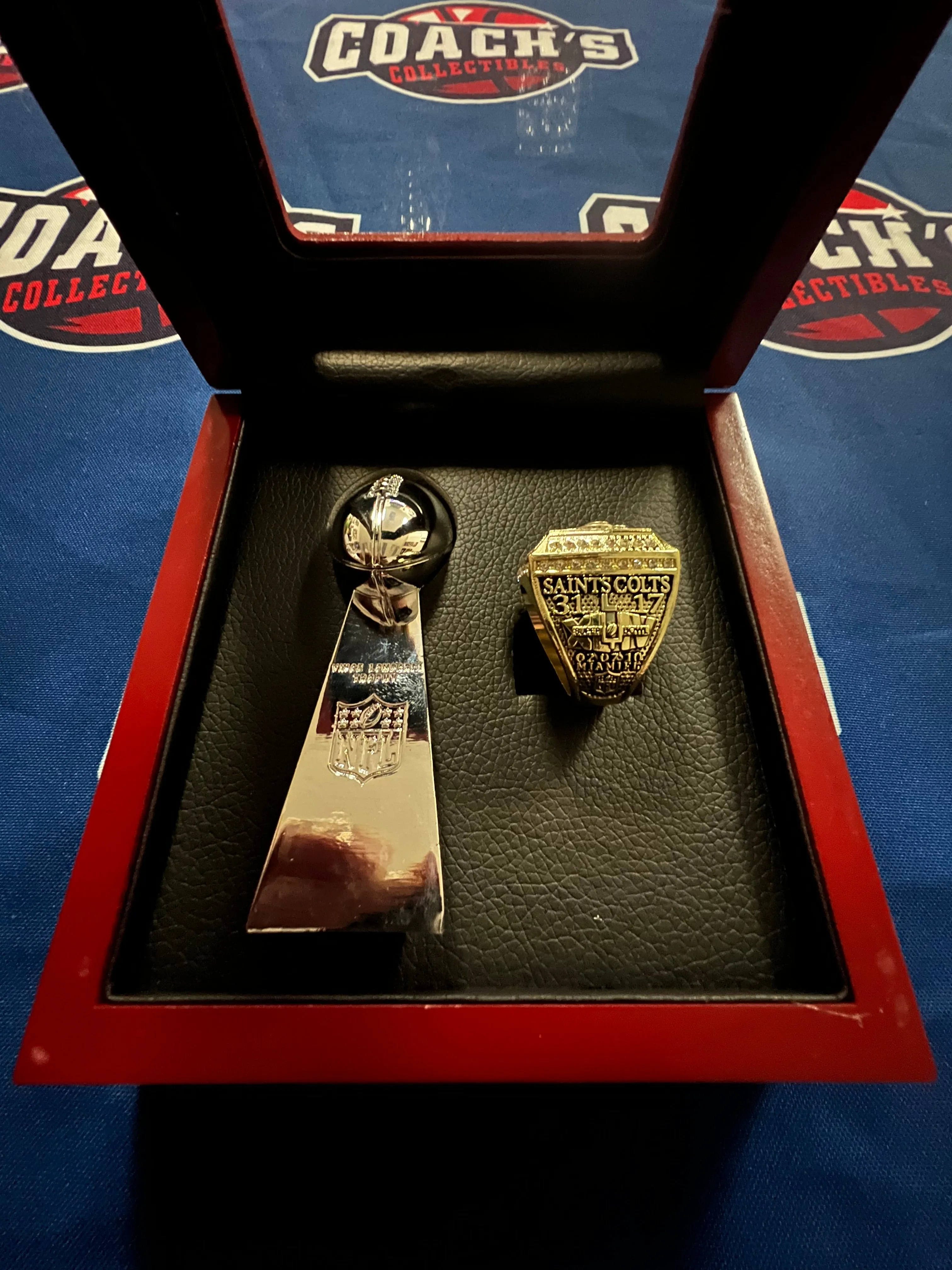 New Orleans Saints 2pc Replica Super Bowl Ring & Trophy with Display Box