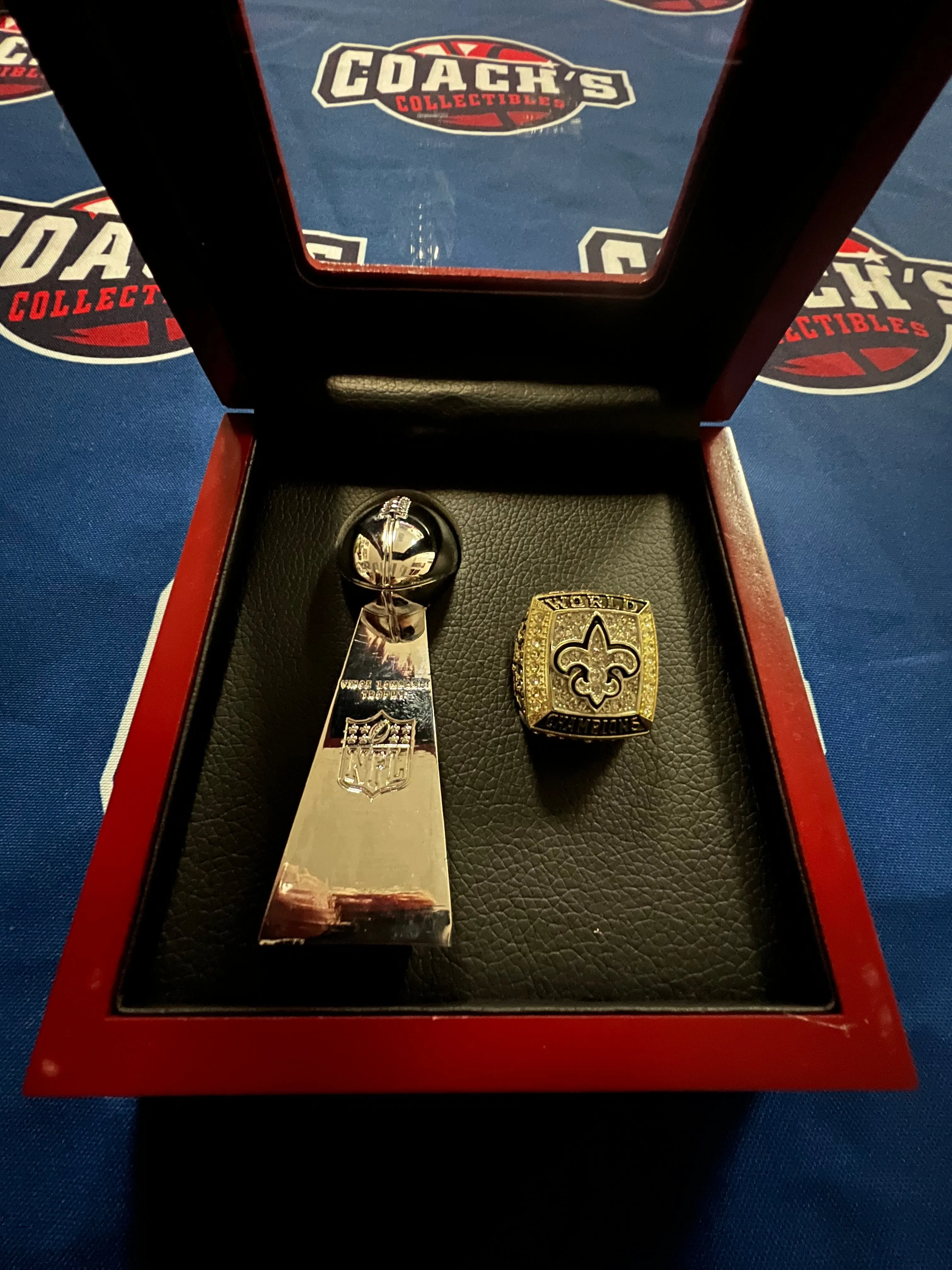 New Orleans Saints 2pc Replica Super Bowl Ring & Trophy with Display Box