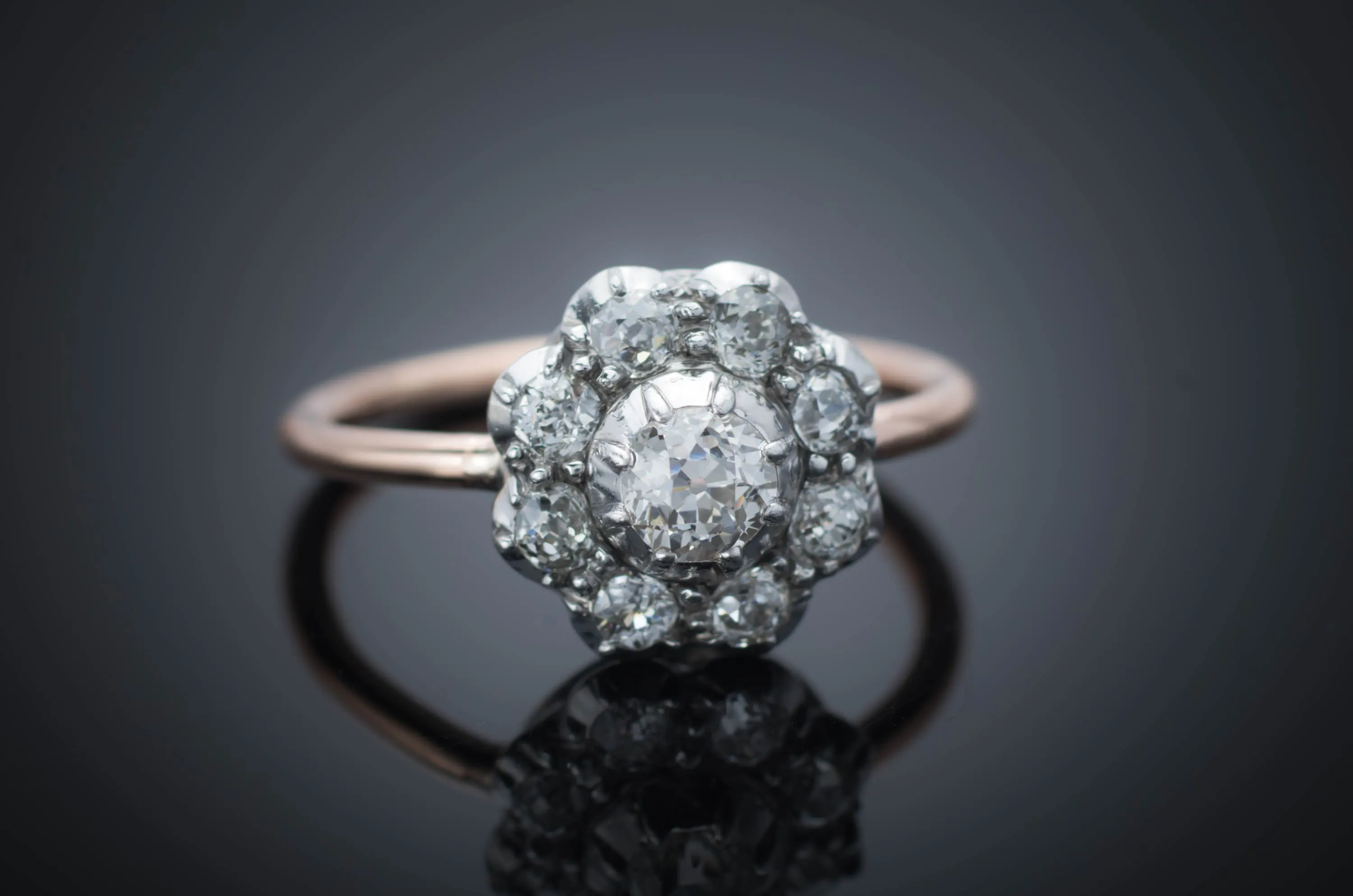 OLD EUROPEAN CUT DIAMOND CLUSTER HALO RING