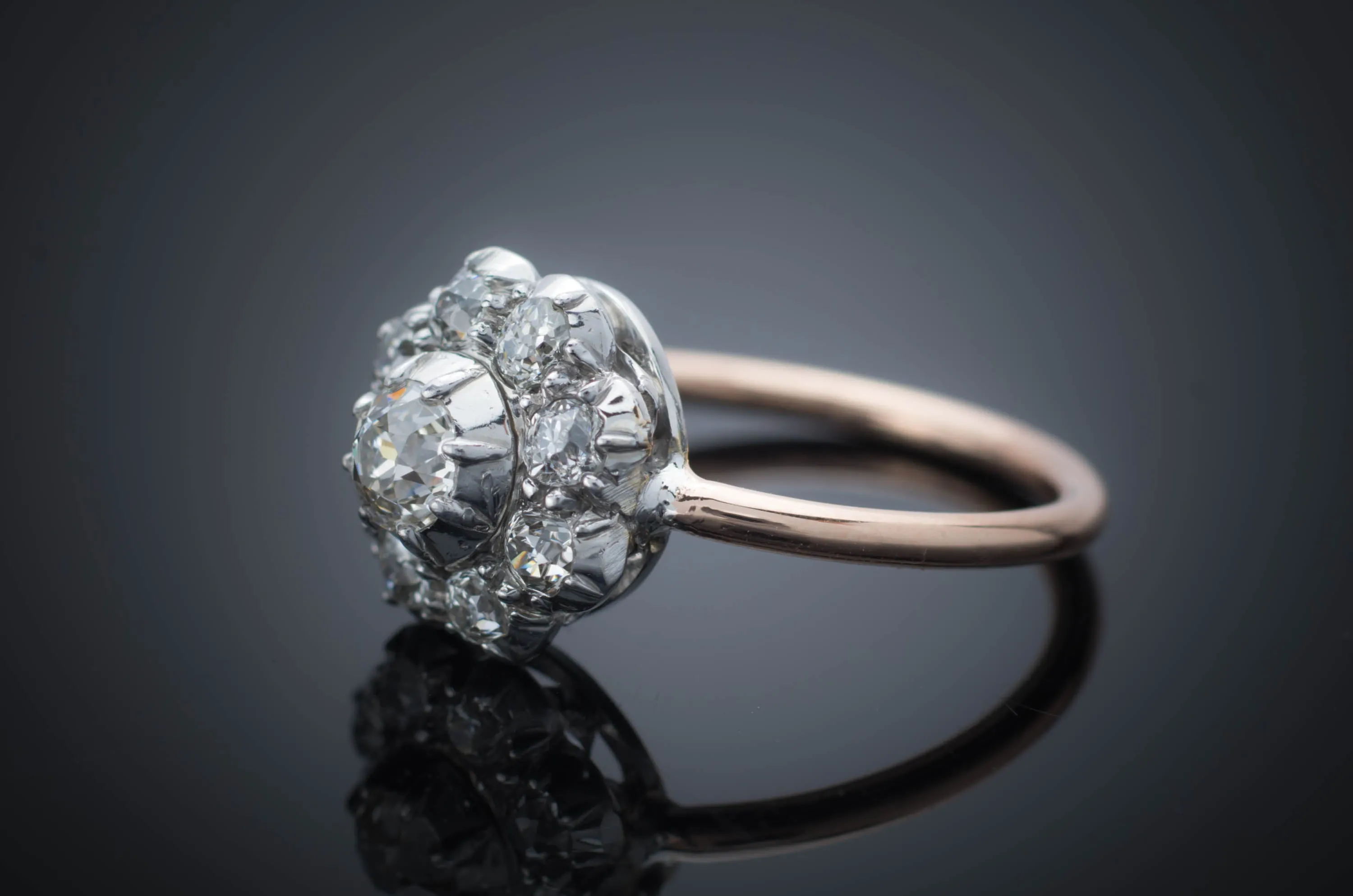 OLD EUROPEAN CUT DIAMOND CLUSTER HALO RING