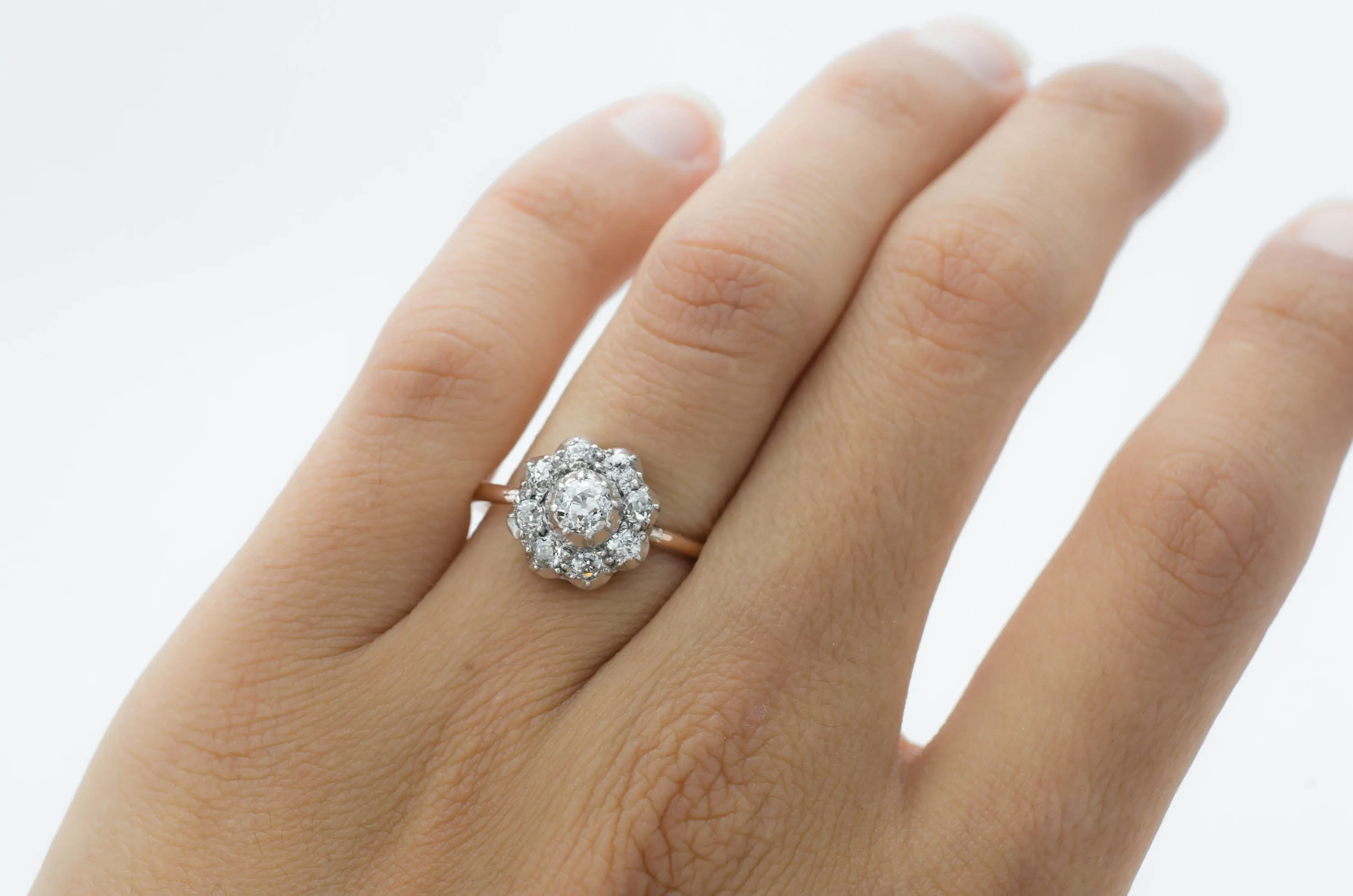 OLD EUROPEAN CUT DIAMOND CLUSTER HALO RING