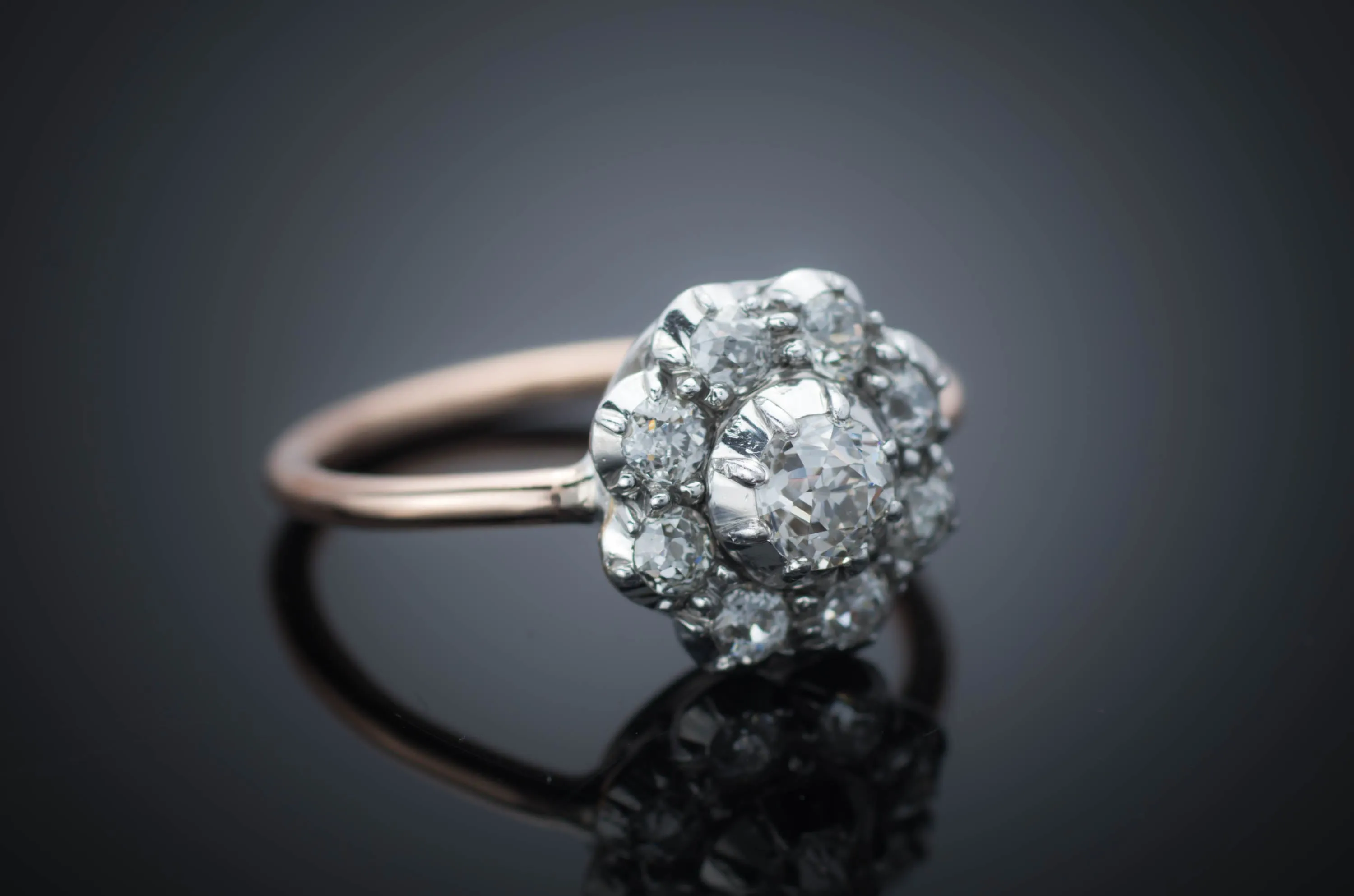 OLD EUROPEAN CUT DIAMOND CLUSTER HALO RING