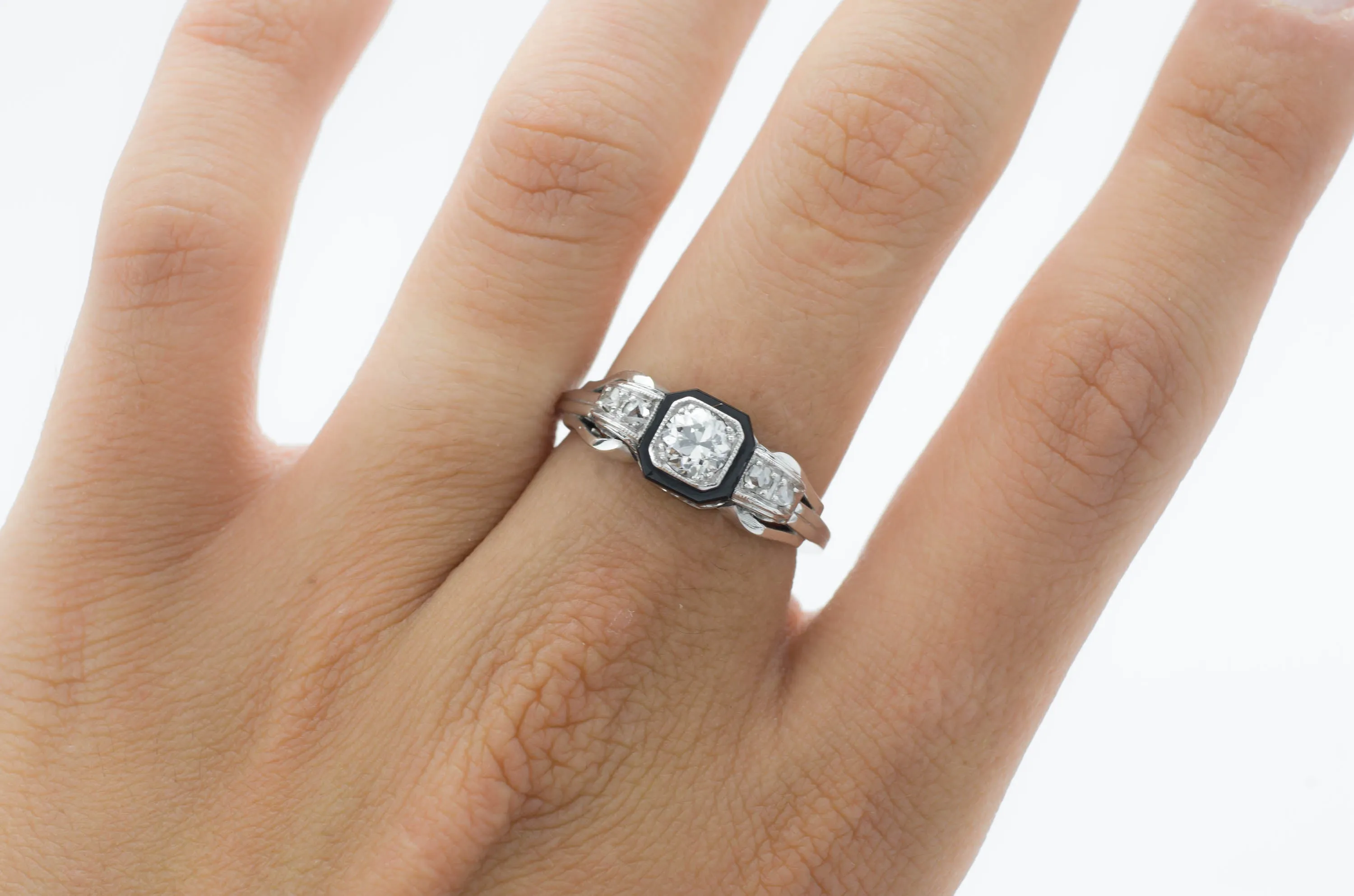 OLD EUROPEAN CUT DIAMOND RING WITH ONIX ACCENT