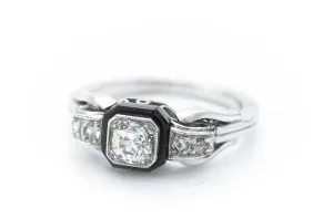 OLD EUROPEAN CUT DIAMOND RING WITH ONIX ACCENT