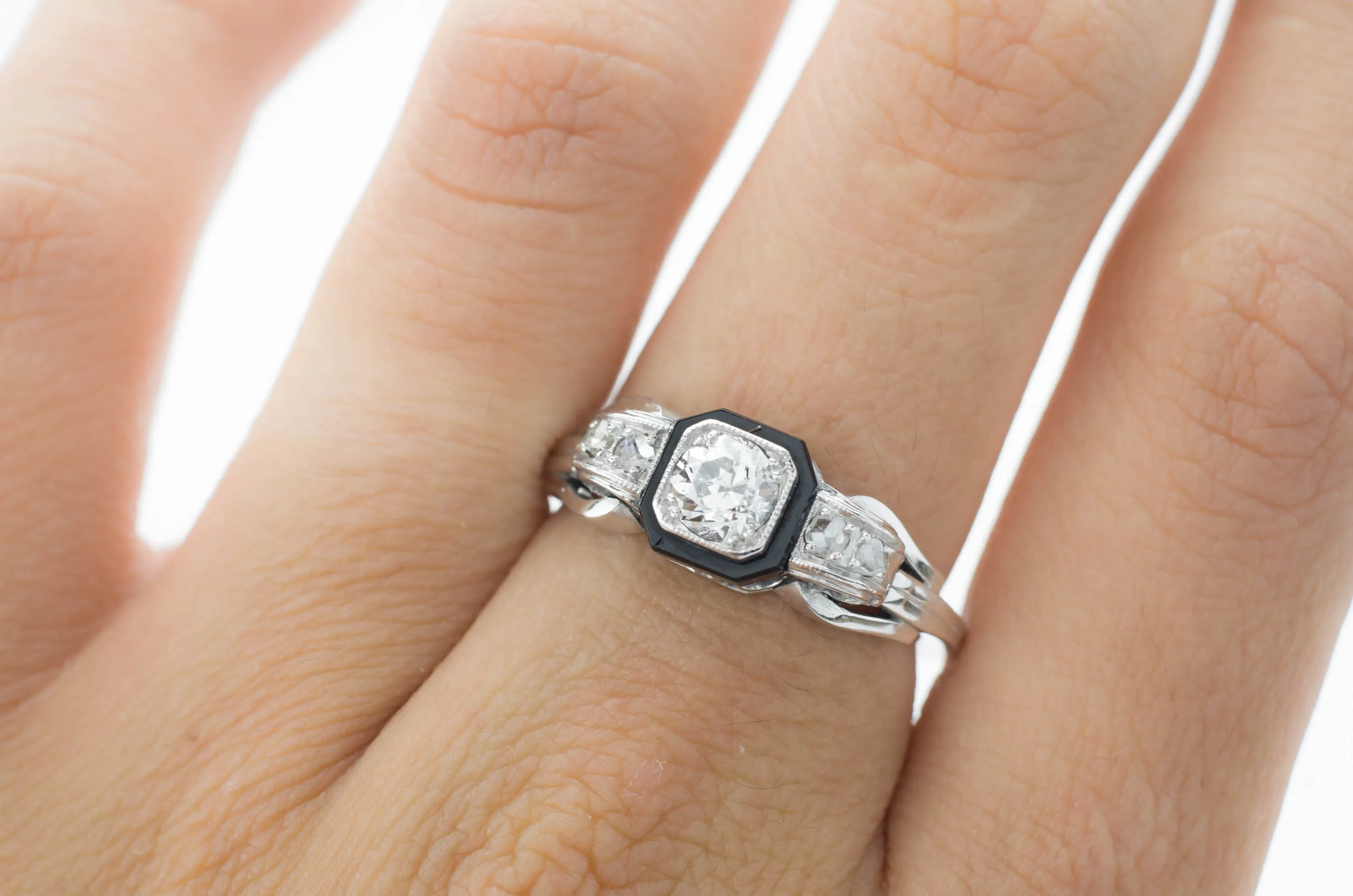 OLD EUROPEAN CUT DIAMOND RING WITH ONIX ACCENT