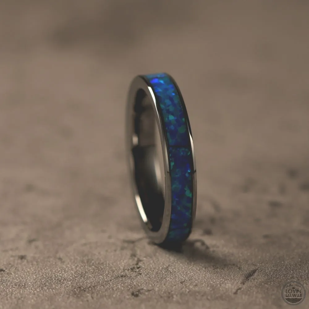 Opal Tungsten Rings With Authentic Dark Blue Opal Inlay (4mm width)