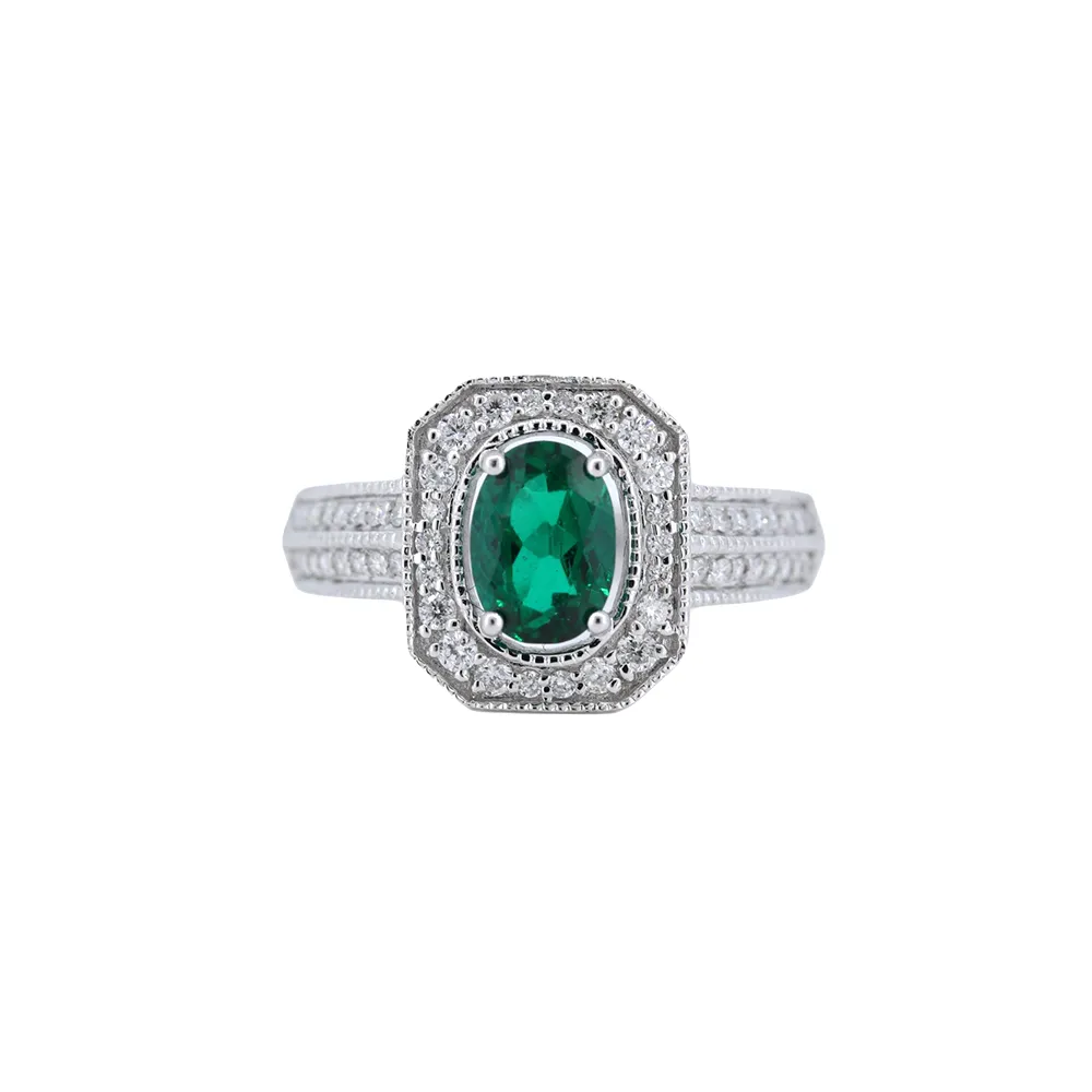 Oval Emerald with Diamond Ring in 14kt White Gold