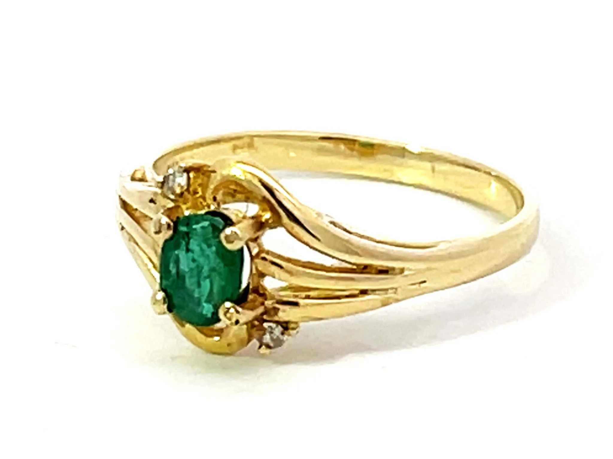 Oval Green Emerald and 2 Diamond Stackable Ring in 14k Yellow Gold