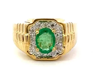 Oval Green Emerald and Diamond Halo Rolex Shoulders Ring 18k Yellow Gold