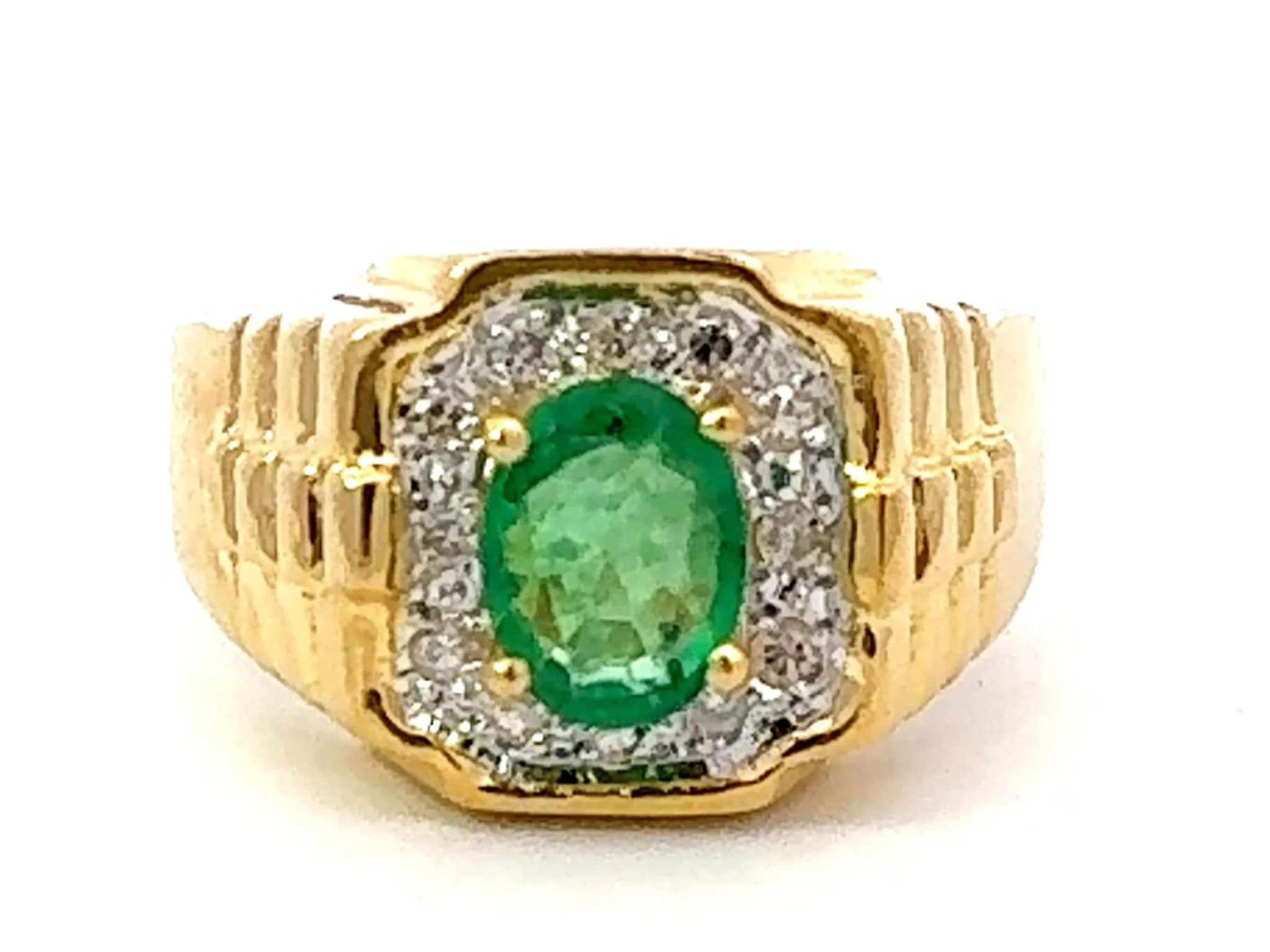 Oval Green Emerald and Diamond Halo Rolex Shoulders Ring 18k Yellow Gold