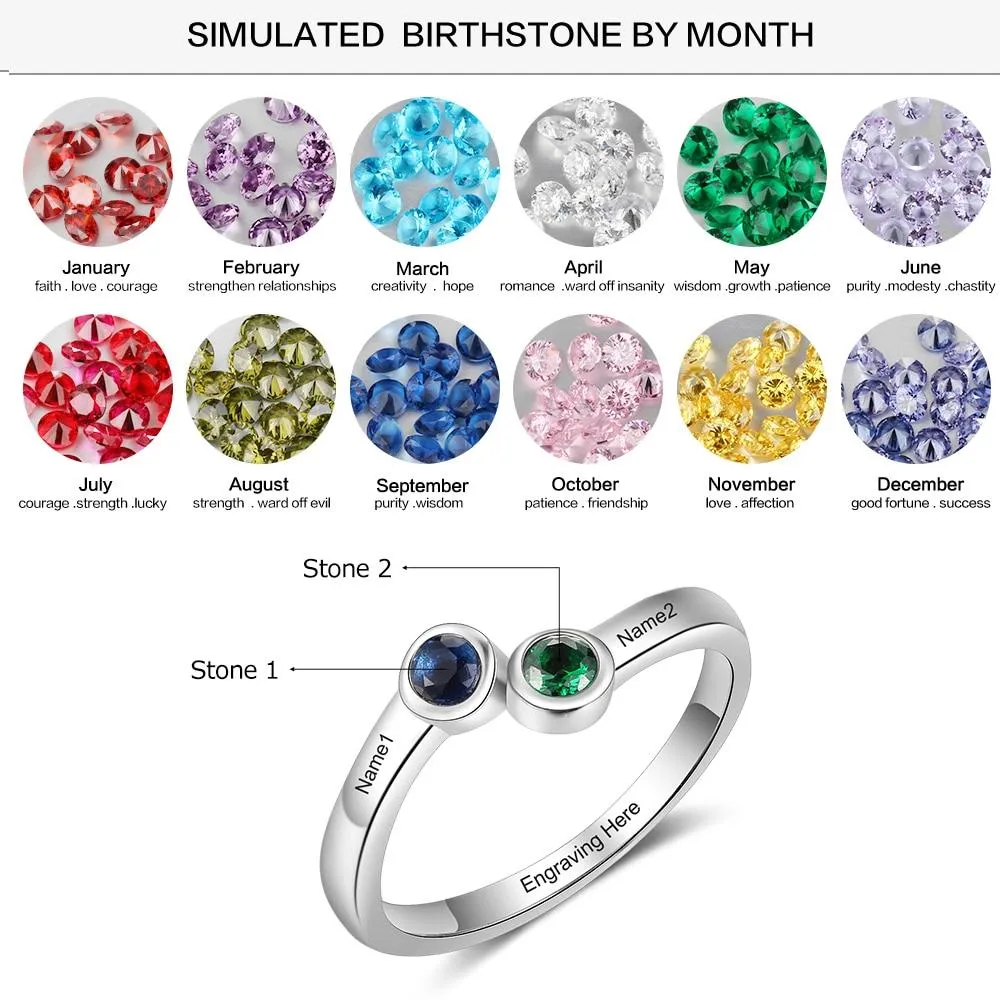 Personalized 2 Name 925 Sterling Silver Rings for Women Inside Engraving Round Birthstone Ring Anniversary Fine Jewelry