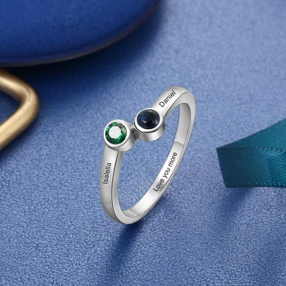 Personalized 2 Name 925 Sterling Silver Rings for Women Inside Engraving Round Birthstone Ring Anniversary Fine Jewelry