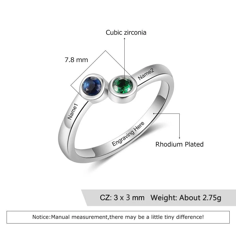 Personalized 2 Name 925 Sterling Silver Rings for Women Inside Engraving Round Birthstone Ring Anniversary Fine Jewelry
