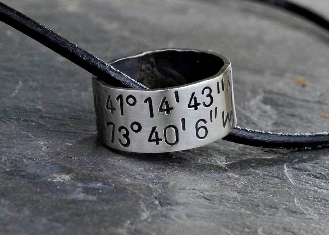 Personalized Latitude Longitude Sterling Silver Ring Necklace