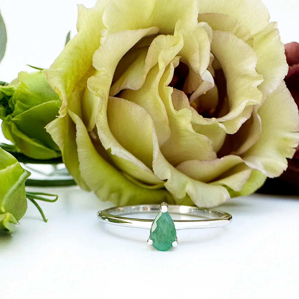 Petite Silver Thin Pear Cut Emerald Ring