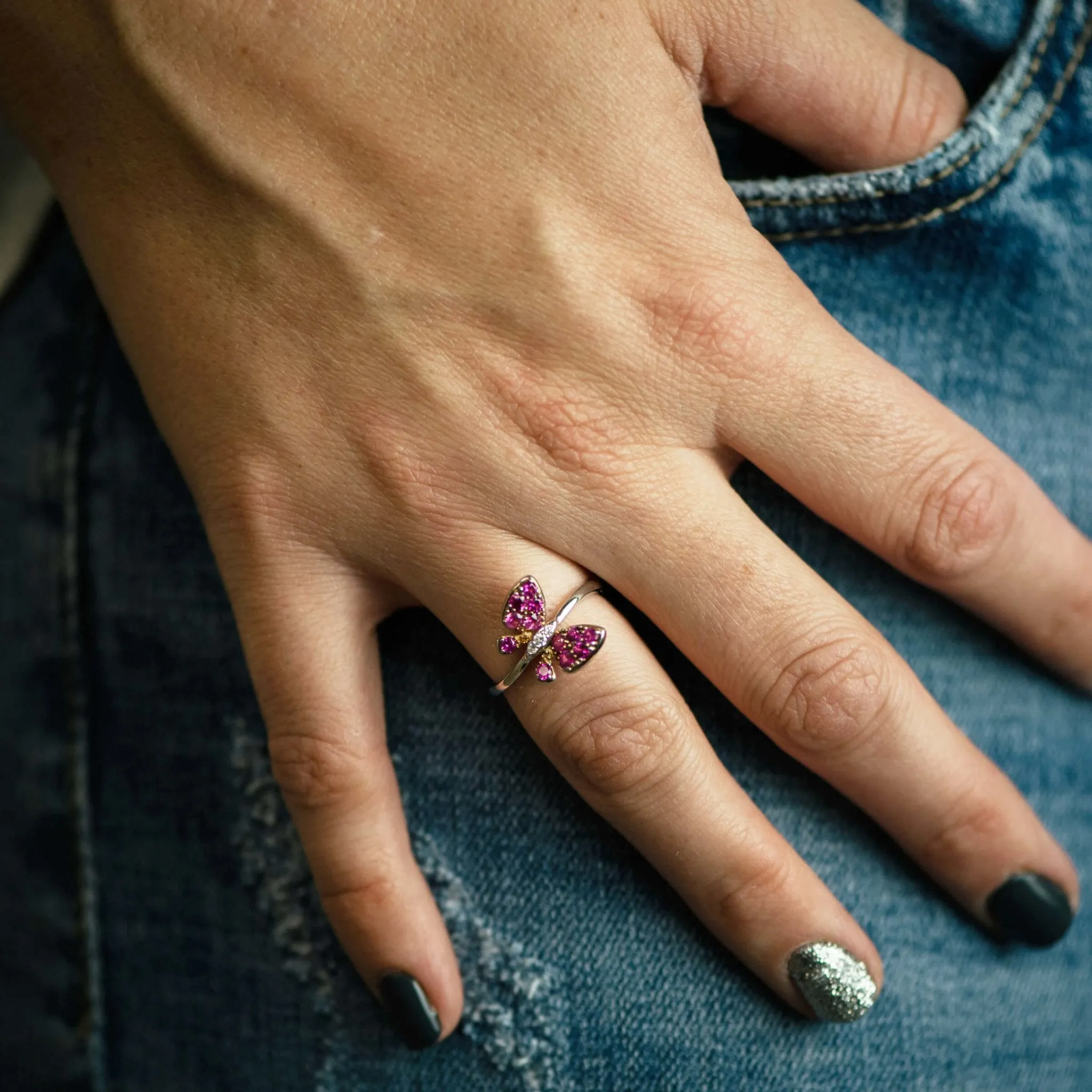 Pink Sapphire Winged Butterfly & Diamond Ring