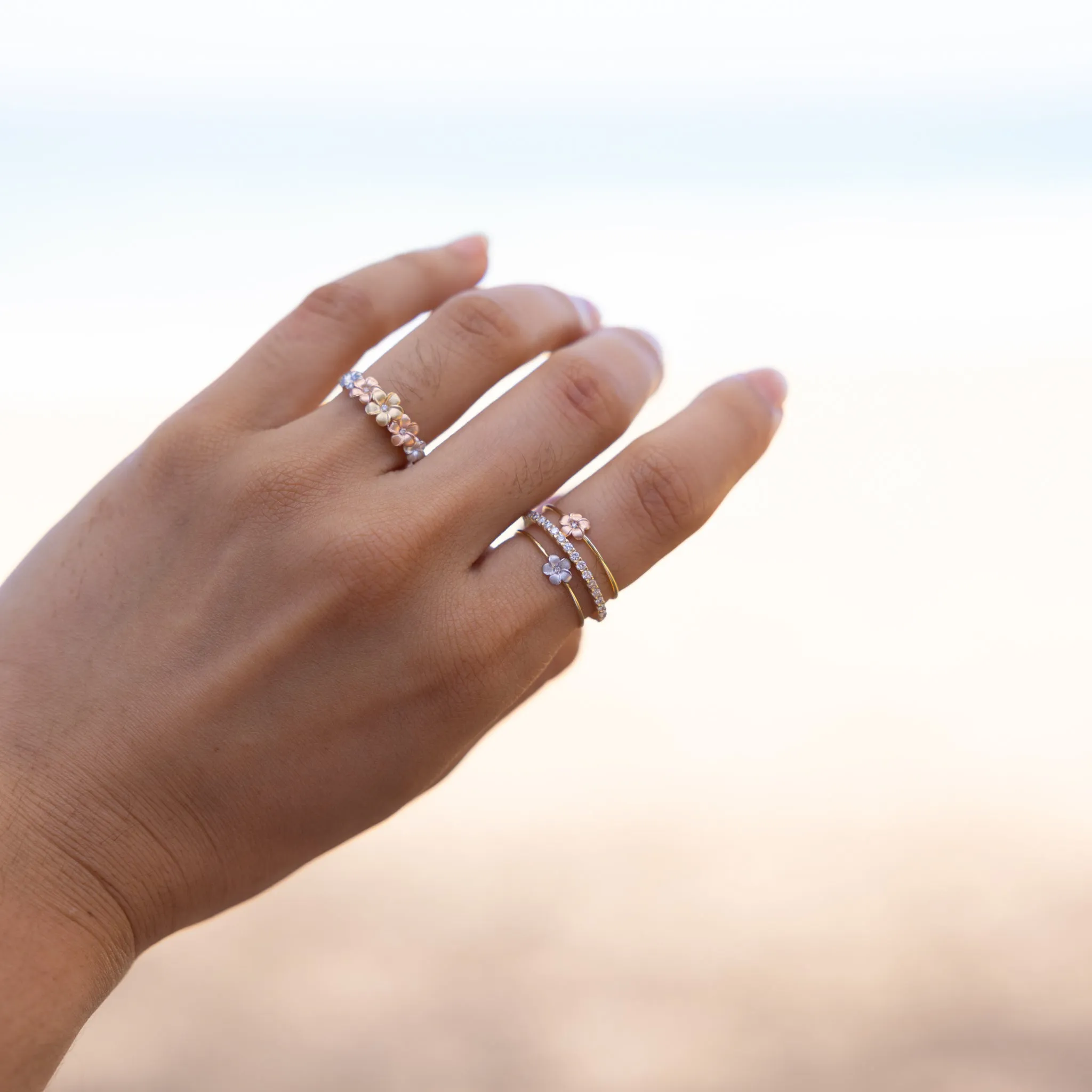 Plumeria Ring in Tri Color Gold with Diamonds - 6mm