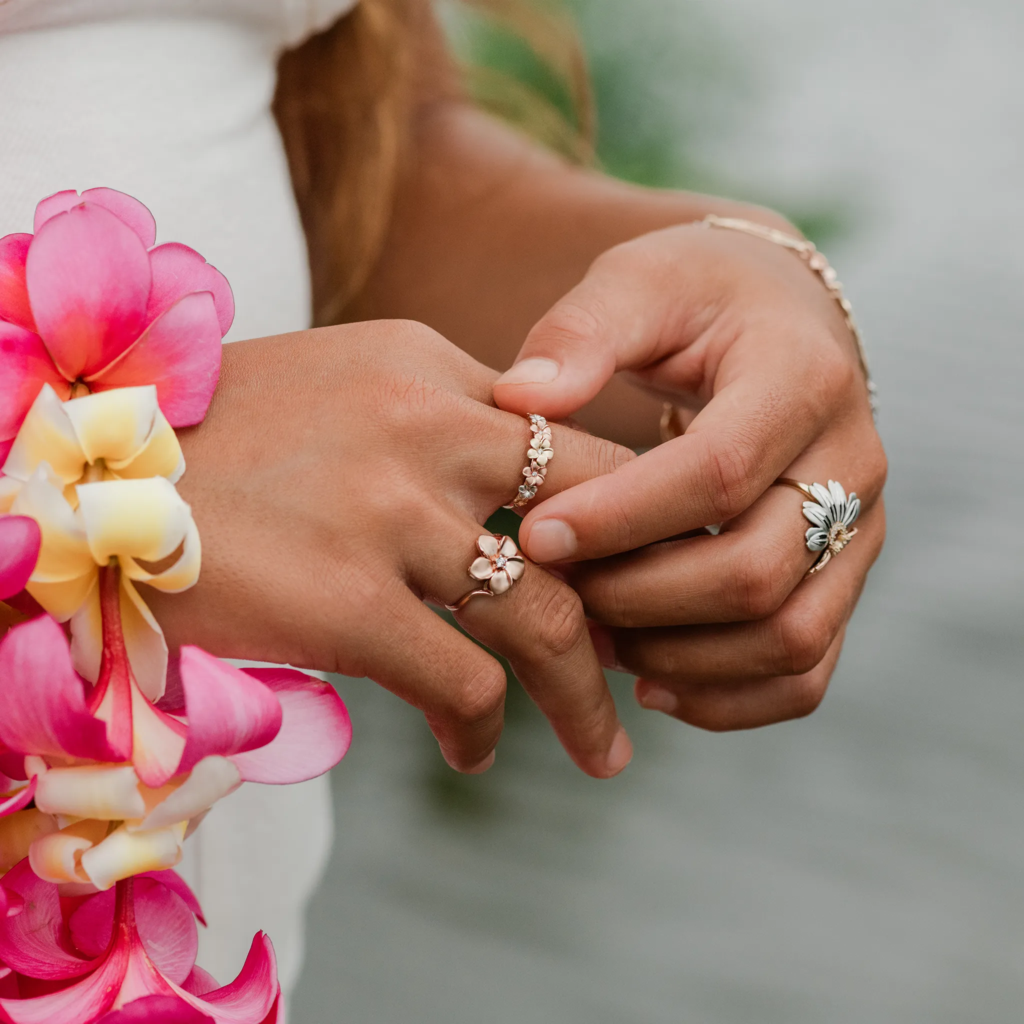 Plumeria Ring in Tri Color Gold with Diamonds - 6mm