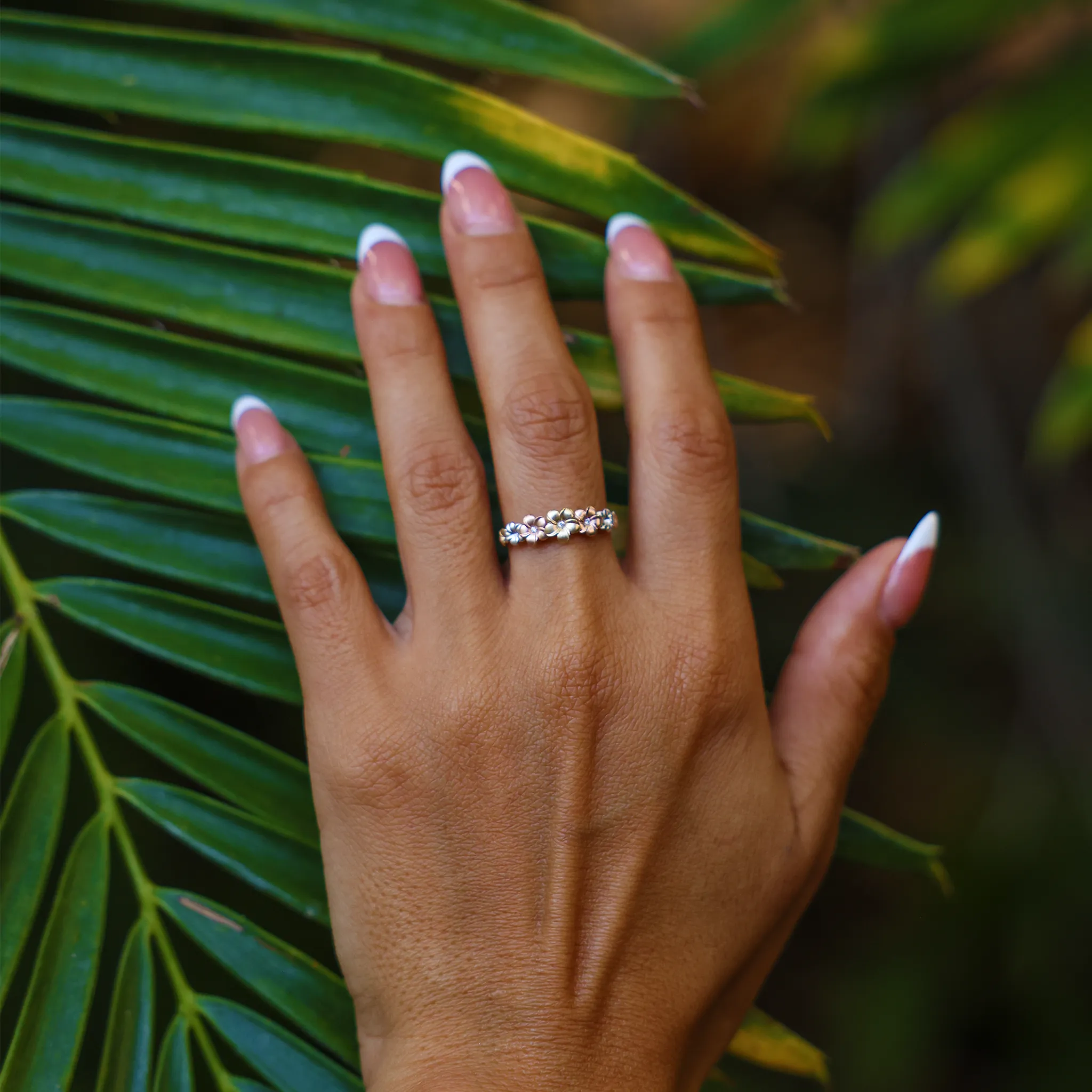 Plumeria Ring in Tri Color Gold with Diamonds - 6mm