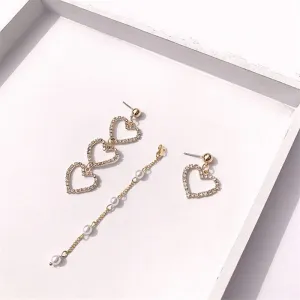 "LOVE HEART DIAMOND PEARL TASSEL ASYMMETRIC" EARRINGS D070819