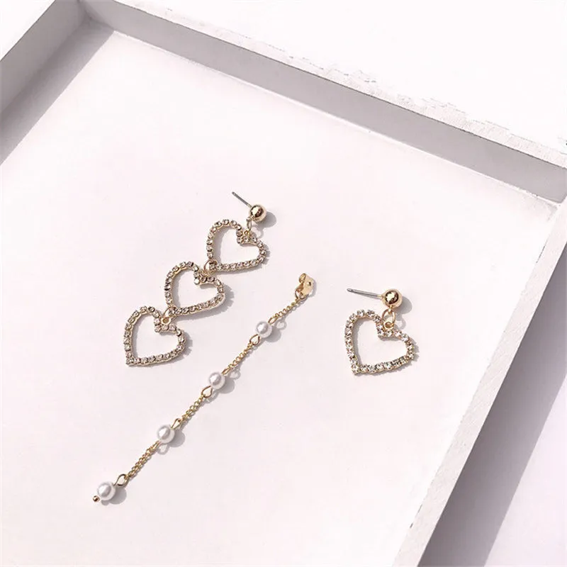 "LOVE HEART DIAMOND PEARL TASSEL ASYMMETRIC" EARRINGS D070819