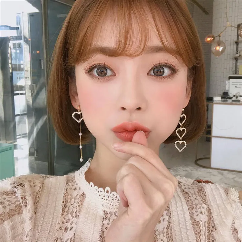 "LOVE HEART DIAMOND PEARL TASSEL ASYMMETRIC" EARRINGS D070819