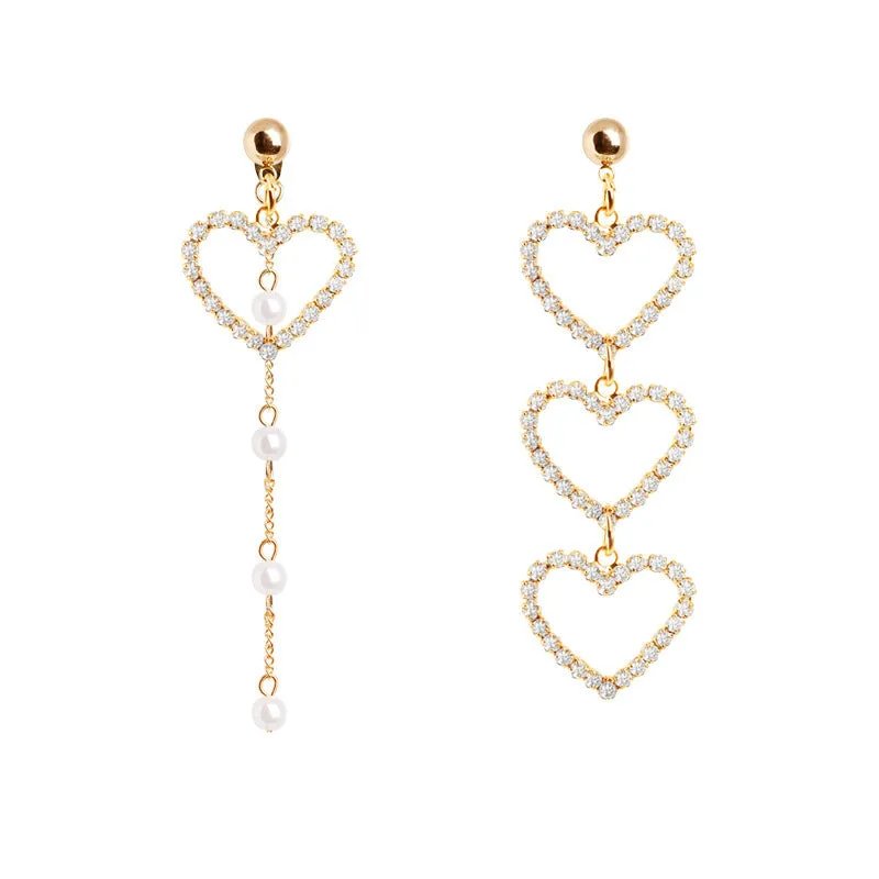 "LOVE HEART DIAMOND PEARL TASSEL ASYMMETRIC" EARRINGS D070819