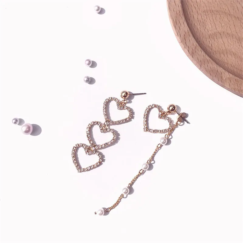 "LOVE HEART DIAMOND PEARL TASSEL ASYMMETRIC" EARRINGS D070819