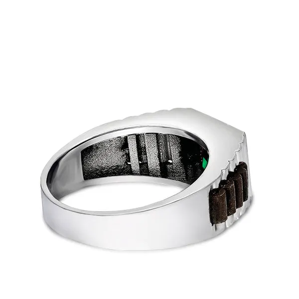 Real Fine 14k White Gold Classic Ring For Men With Rectangle Green Emerald Stone