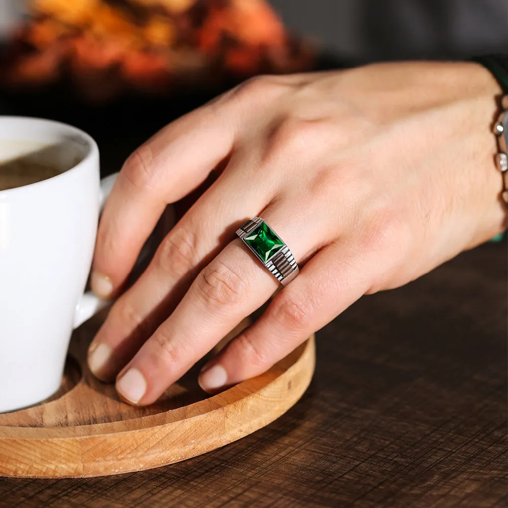 Real Fine 14k White Gold Classic Ring For Men With Rectangle Green Emerald Stone