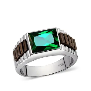 Real Fine 14k White Gold Classic Ring For Men With Rectangle Green Emerald Stone