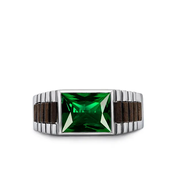 Real Fine 14k White Gold Classic Ring For Men With Rectangle Green Emerald Stone