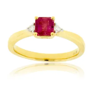 Red Beryl Emerald & Round Diamond Yellow Gold Ring